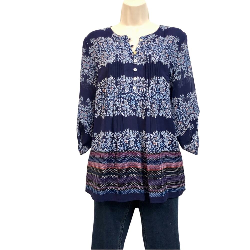 Daniel Rainn Navy Blue Coral Floral Pin Tuck Breezy Popover Tunic Top Accent Hem